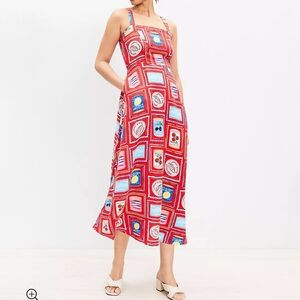LOFT tinned can fish tomato Red Patterned Midi Dress lemon